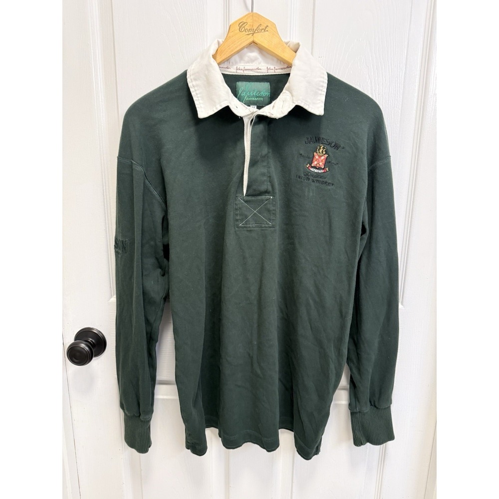 Jameson Whiskey Green Embroidered Long Sleeve Rugby Polo Shirt Men's Medium - Picture 2 of 14